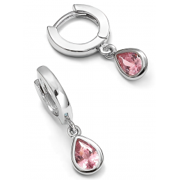 Kolczyki srebrne, mini kółka z podwieszoną łezką, różowa cyrkonia