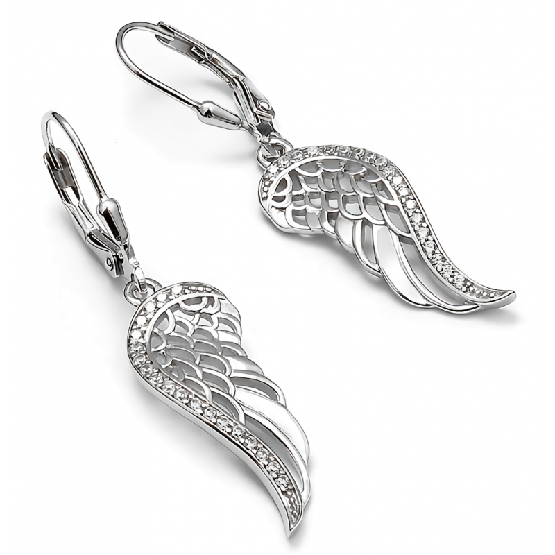 Kolczyki srebrne, wiszące, skrzydła anioła, białe cyrkonie