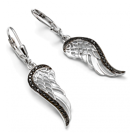 kolczyki srebrne skrzydła anioła z czarnymi kryształkami wzdłuż skrzydeł, duży rozmiar kolczyków