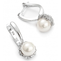 Kolczyki perły wiszące duże srebrne z cyrkoniami białymi